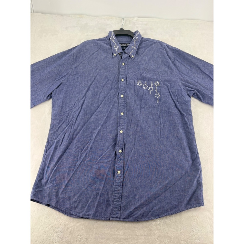 Lands End Shirt XL Tall Blue Embroidered Star Short Sleeve Button Down